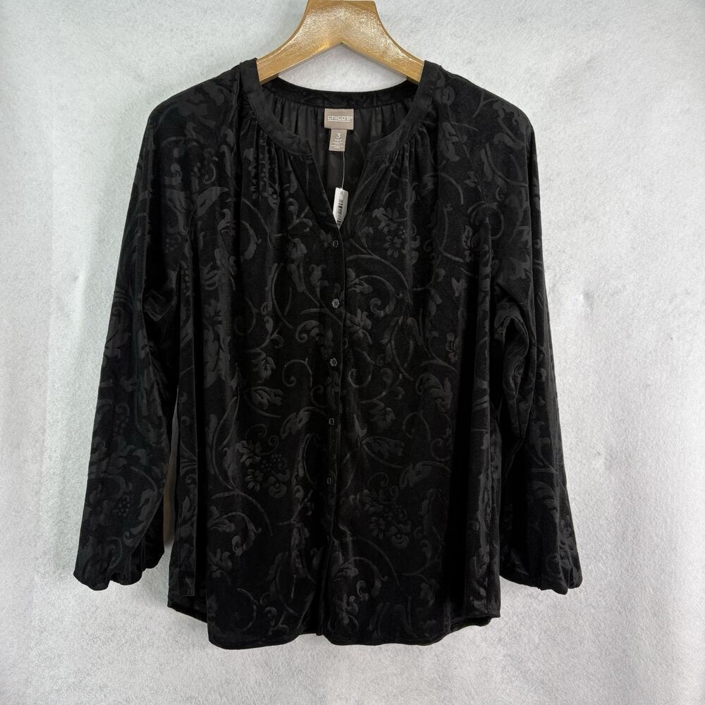 Chicos Women’s Sz 3 (XL) Black Button Up Embossed Velvet Floral‎ Boho Top Witchy